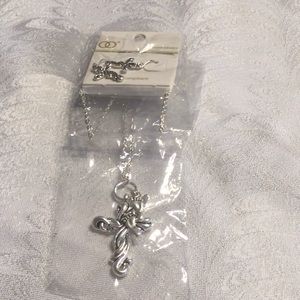 Silver Cross with Footprints Necklace with Silver Cross Dangle Earrings